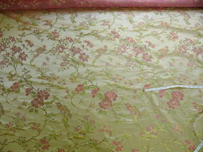 By Yd 100%silk Lampas Bird Tree-peony Chinoisery Pink Gold MSRP USD 300/Y