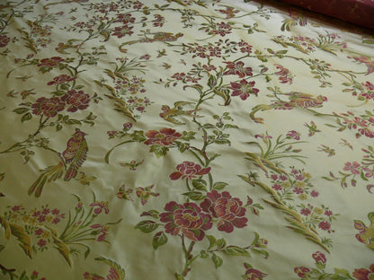 By Yd 100%silk Lampas Bird Tree-peony Chinoisery Pink Gold MSRP USD 300/Y