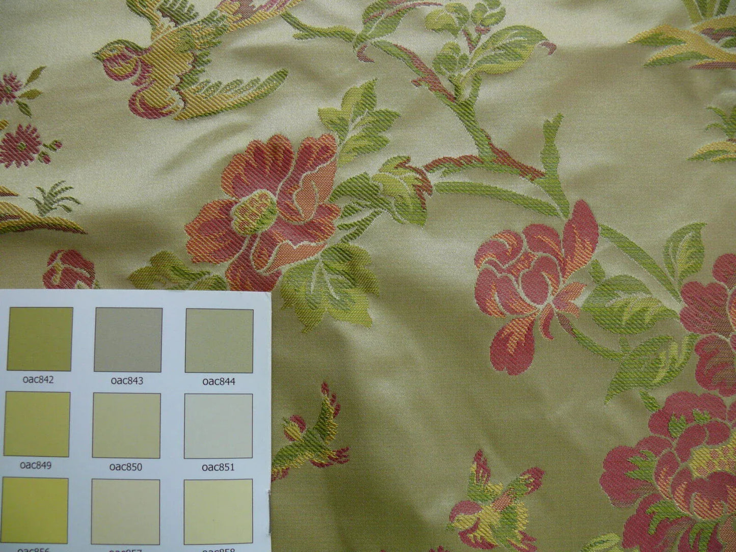 By Yd 100%silk Lampas Bird Tree-peony Chinoisery Pink Gold MSRP USD 300/Y