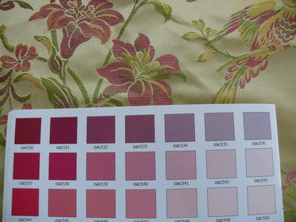 By Yd 100%silk Lampas Bird Tree-peony Chinoisery Pink Gold MSRP USD 300/Y