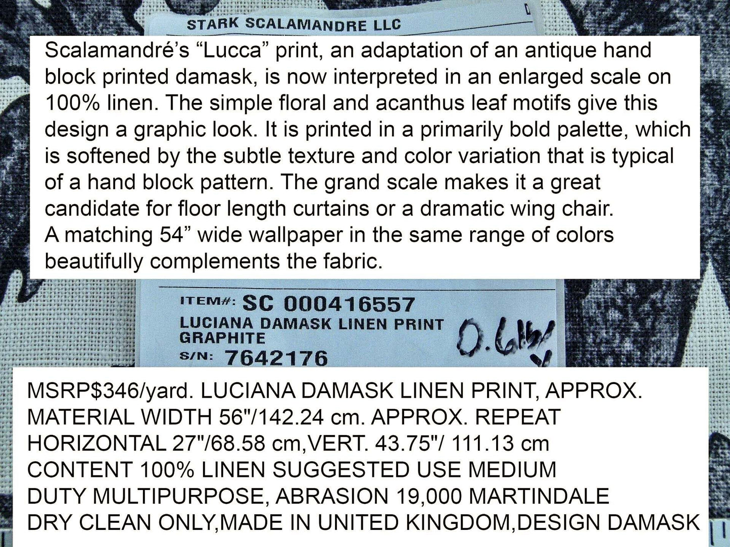 Scalamandre Luciana Damask Linen Print Graphite Damask Print Gray MSRP USD 346/Y