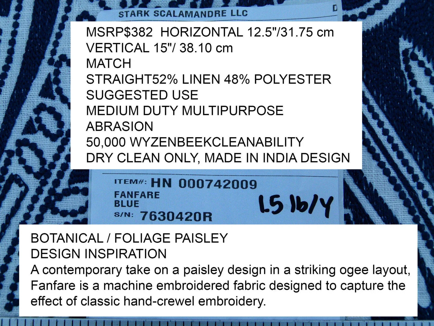 Scalamandre Fanfare Blue Paisley Design Embroidery MSRP USD 382