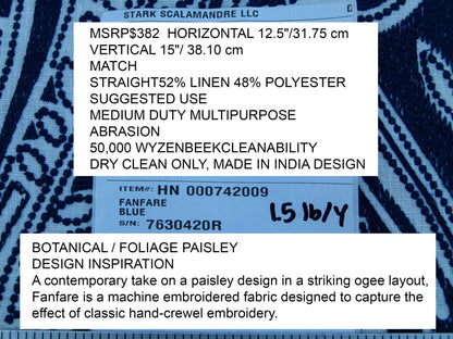 Scalamandre Fanfare Blue Paisley Design Embroidery MSRP USD 382