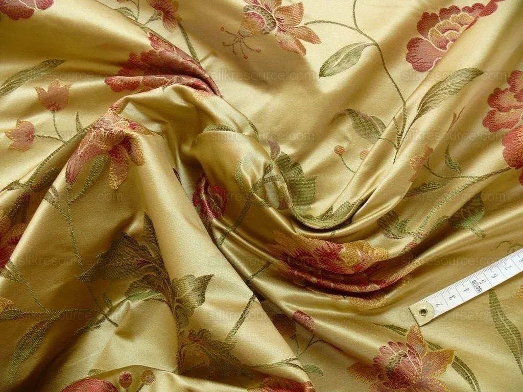 By yard Stunner Chino-asian Pink Peony Butterfly "golden" &amp; Red Lampas 100% Silk Lampas