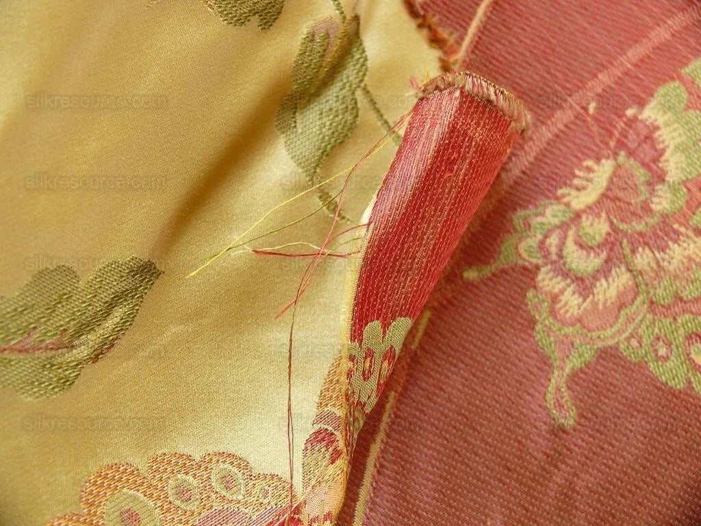 By yard Stunner Chino-asian Pink Peony Butterfly "golden" &amp; Red Lampas 100% Silk Lampas