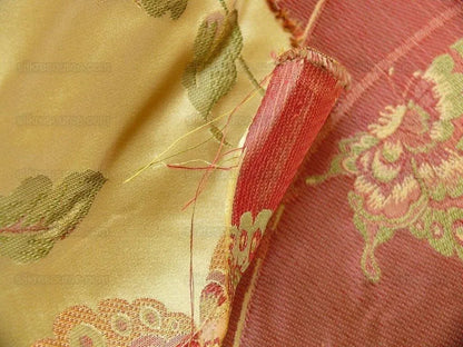 By yard Stunner Chino-asian Pink Peony Butterfly "golden" &amp; Red Lampas 100% Silk Lampas