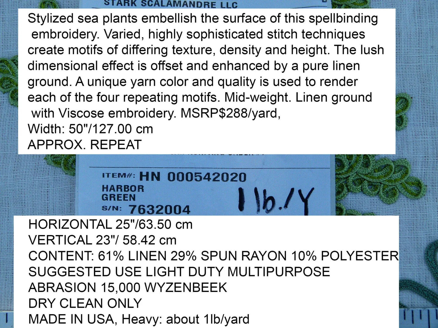 Scalamandre Harbor Green Seaweeds Ocean Plants Coral Reef Embroidery Linen MSRP USD 288