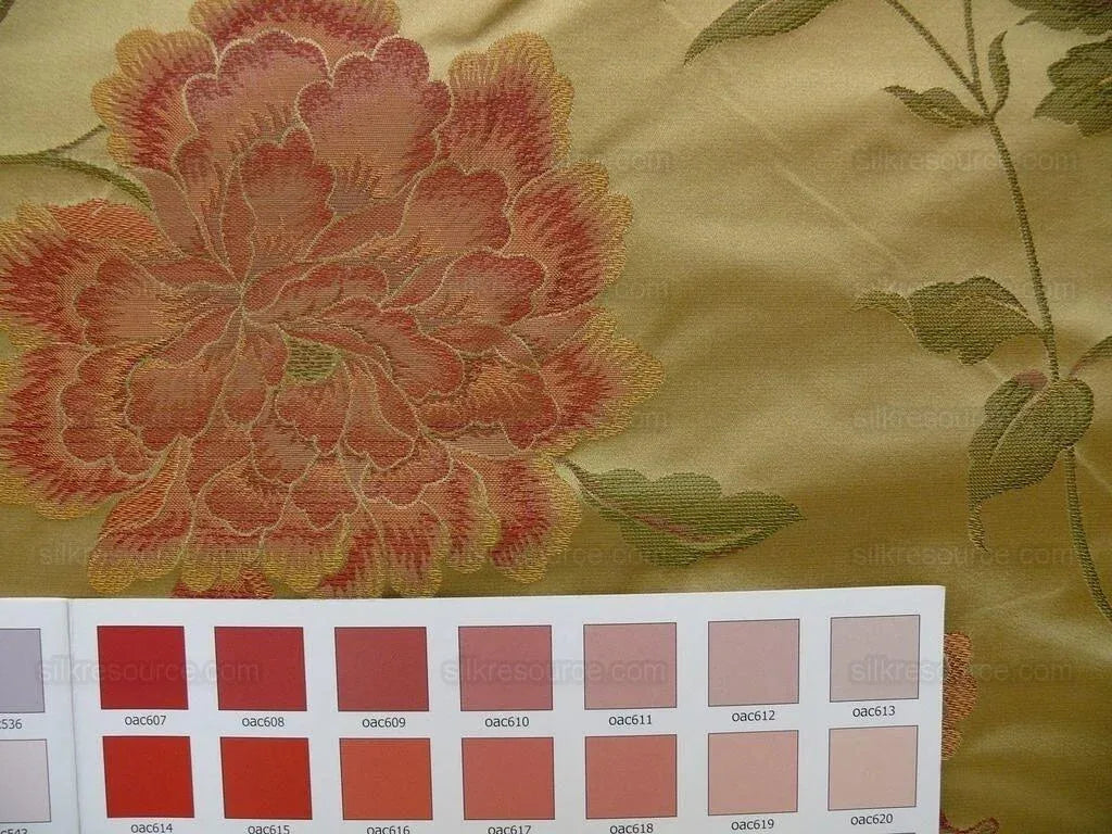 By yard Stunner Chino-asian Pink Peony Butterfly "golden" &amp; Red Lampas 100% Silk Lampas