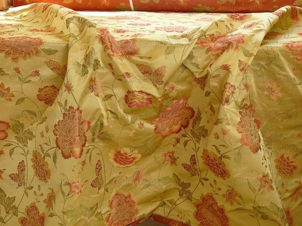 By yard Stunner Chino-asian Pink Peony Butterfly "golden" &amp; Red Lampas 100% Silk Lampas