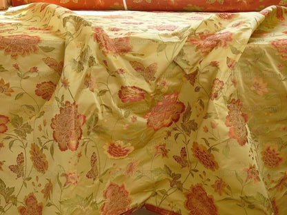By yard Stunner Chino-asian Pink Peony Butterfly "golden" &amp; Red Lampas 100% Silk Lampas