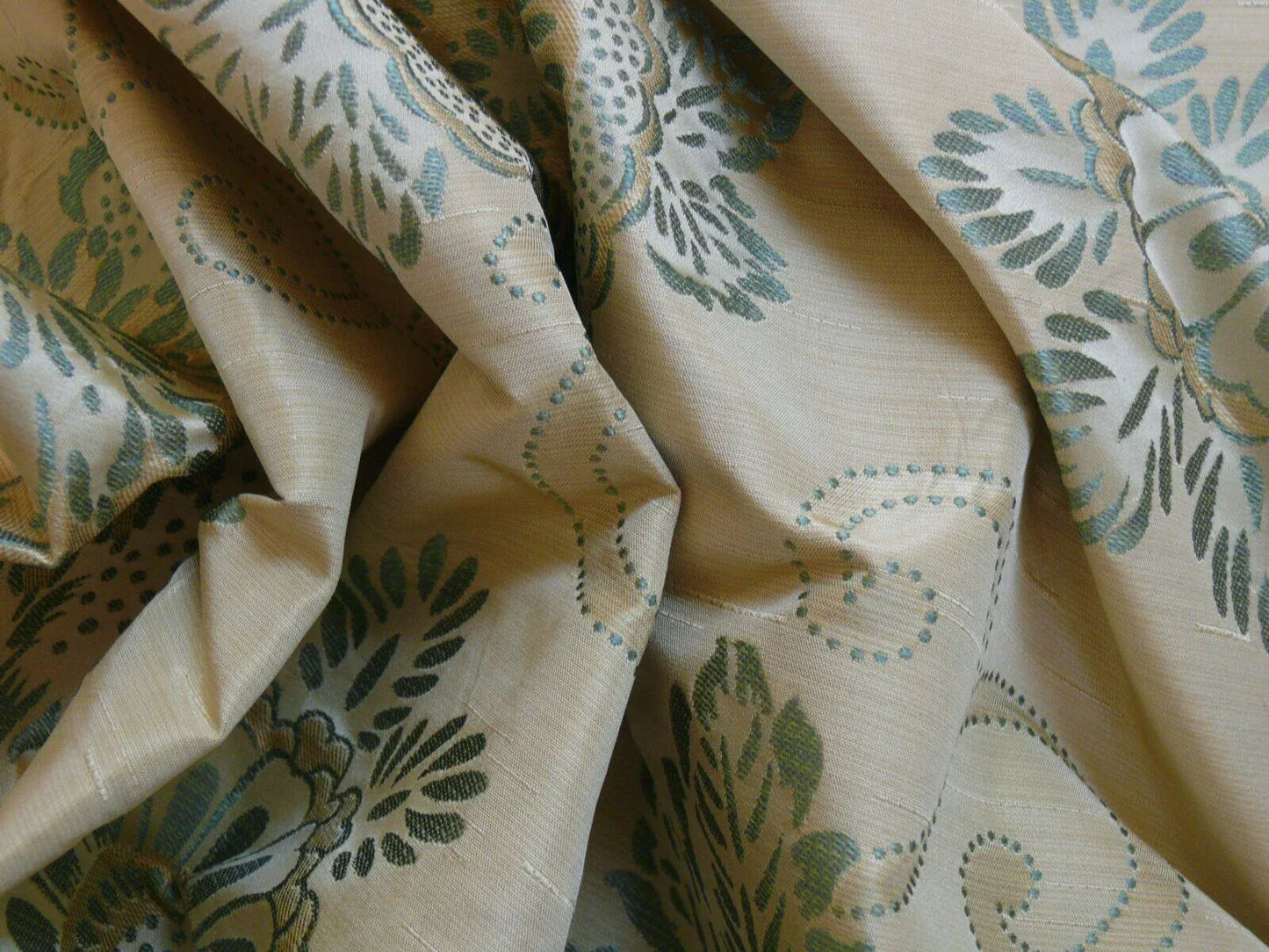 100% Silk Jacquard Retro Mum "crystal" Aqua Icy Blue Cream