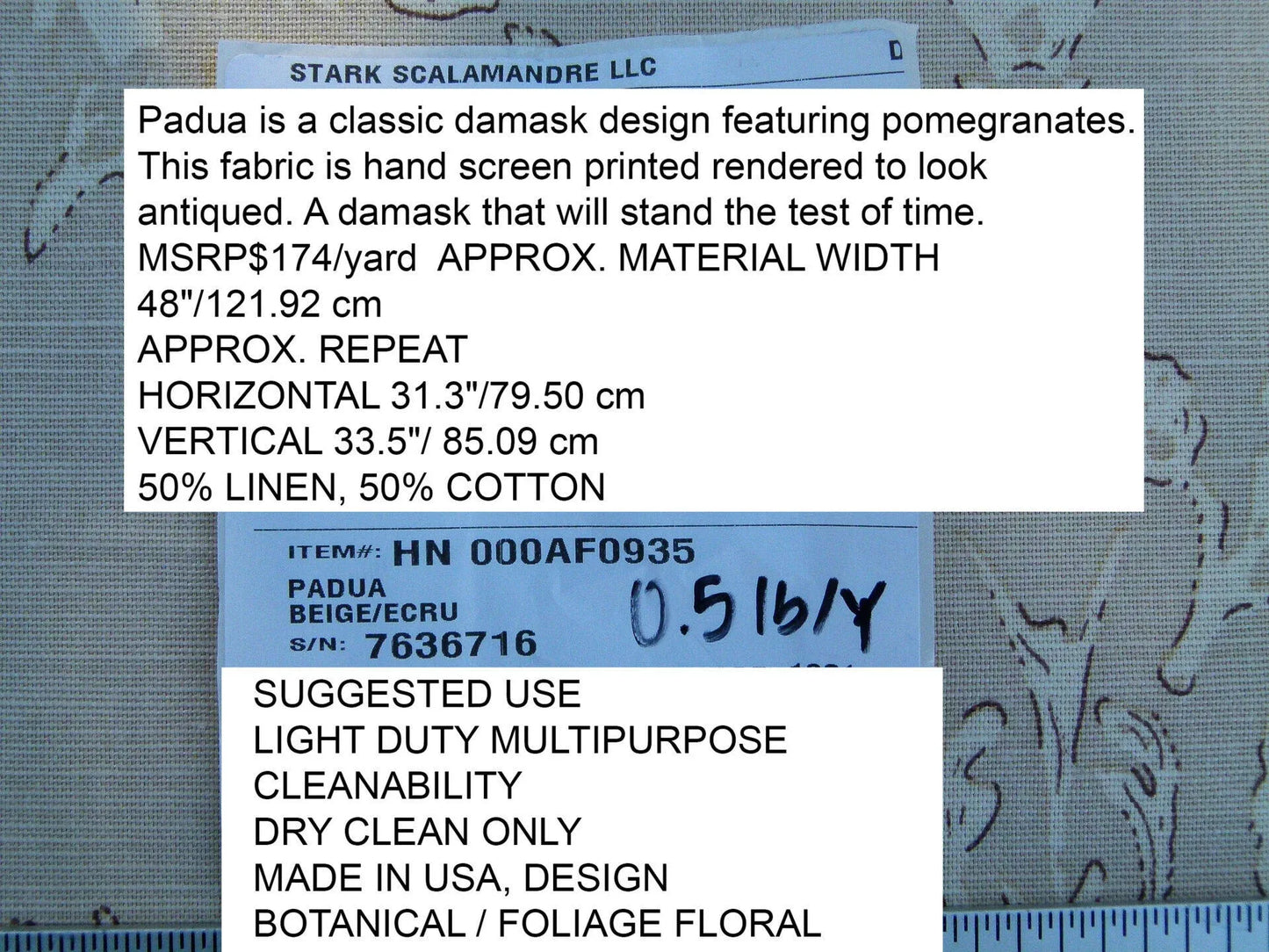 Scalamandre Padua Beige/ecru  Classic Pomegranates Hand Printed Linen in U.S. MSRP USD 174/y