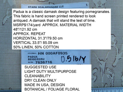 Scalamandre Padua Beige/ecru  Classic Pomegranates Hand Printed Linen in U.S. MSRP USD 174/y