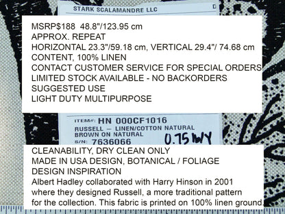 Scalamandre Russell -linen Cotton Natural Brown On Natural Albert Hadley Linen Print Jacobean Tan  White Brown MSRP USD 188