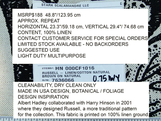 Scalamandre Russell -linen Cotton Natural Brown On Natural Albert Hadley Linen Print Jacobean Tan  White Brown MSRP USD 188