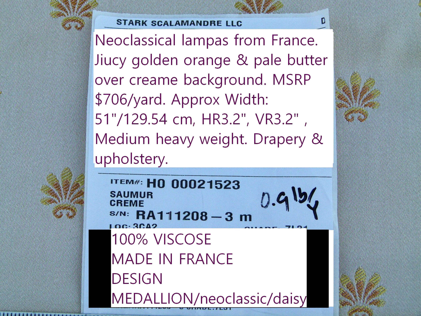 Scalamandre Saumur Creme Juicy Golden Orange &amp; Pale Butter Over Cream Background MSRP USD 706/y