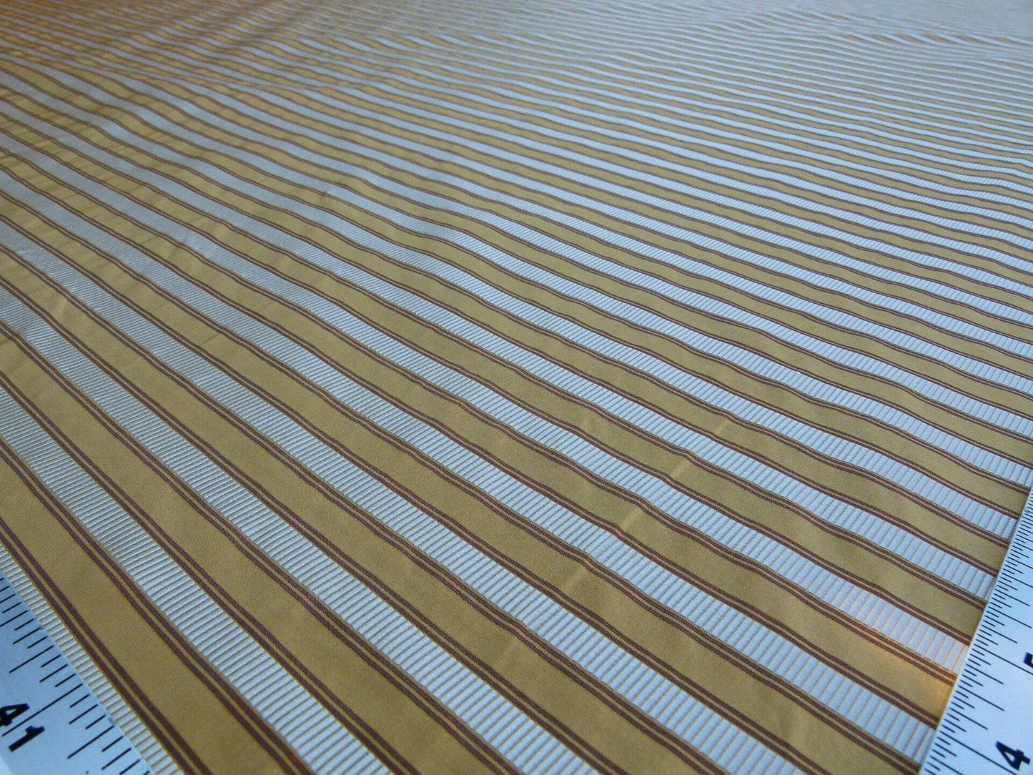 Scalamandre Shirred Stripe Antique Gold, Brick &amp; Cream Silk Tafetta Stripe Fabric Yellow White Brown  MSRP USD 363/y