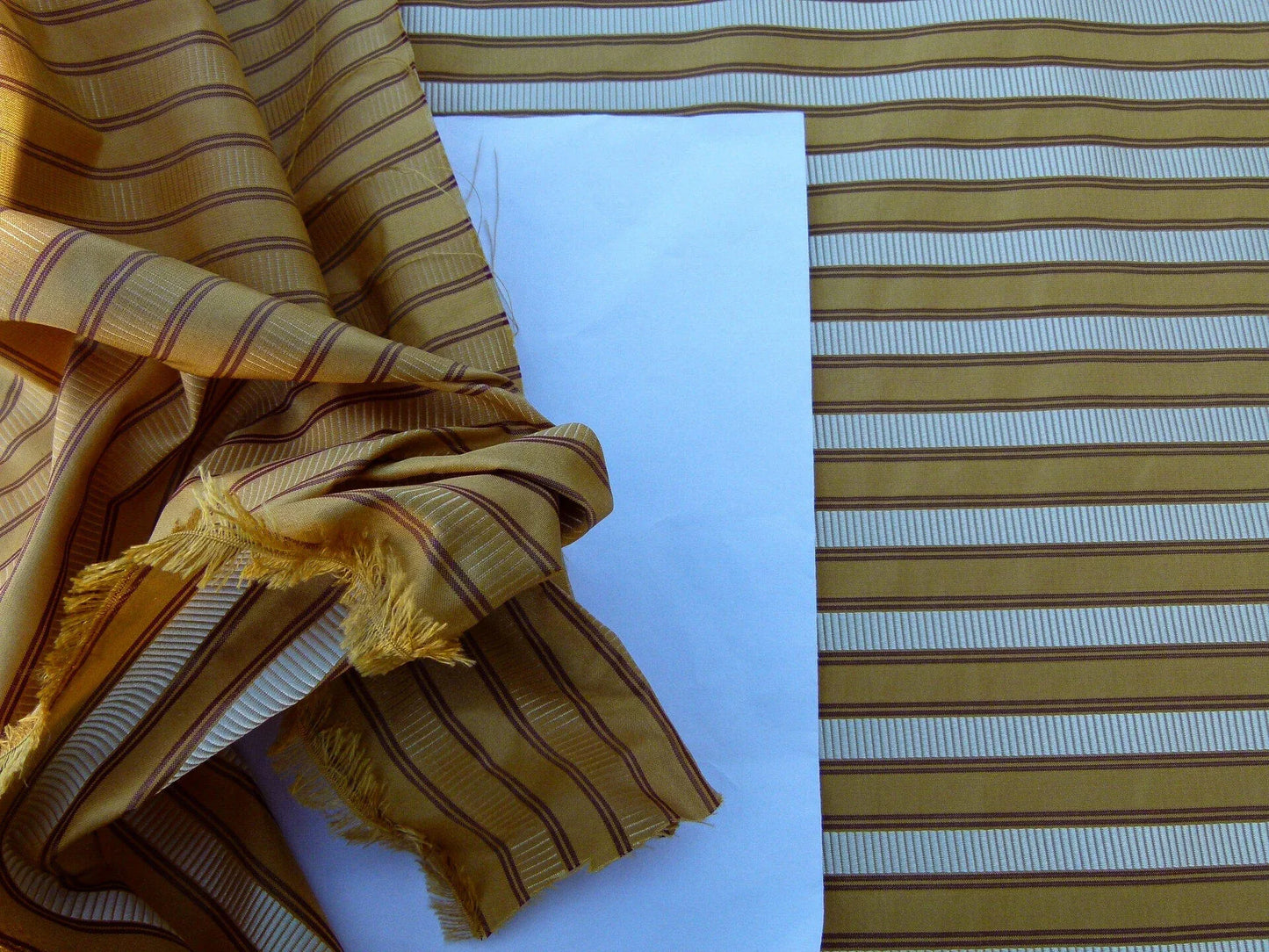 Scalamandre Shirred Stripe Antique Gold, Brick &amp; Cream Silk Tafetta Stripe Fabric Yellow White Brown  MSRP USD 363/y
