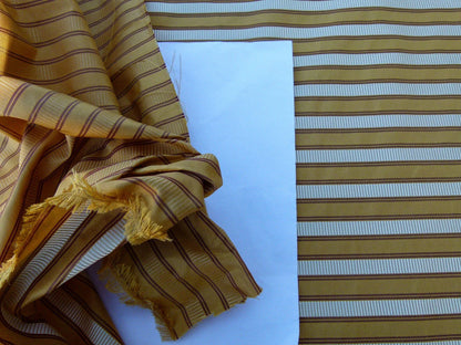 Scalamandre Shirred Stripe Antique Gold, Brick &amp; Cream Silk Tafetta Stripe Fabric Yellow White Brown  MSRP USD 363/y