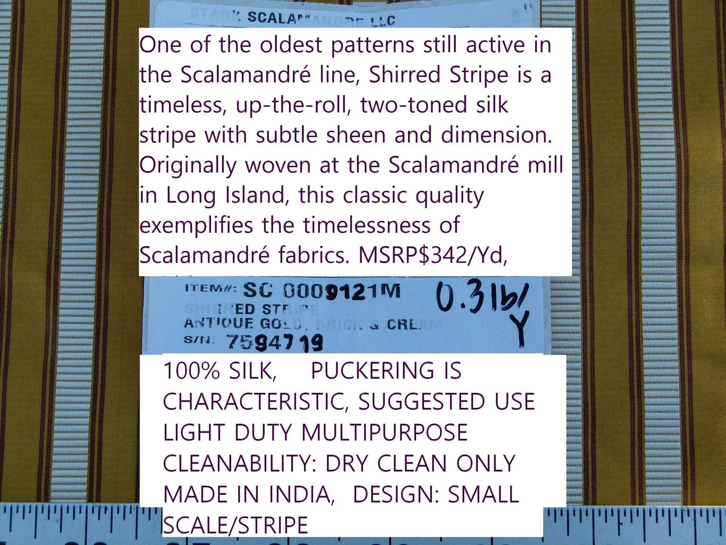 Scalamandre Shirred Stripe Antique Gold, Brick &amp; Cream Silk Tafetta Stripe Fabric Yellow White Brown  MSRP USD 363/y