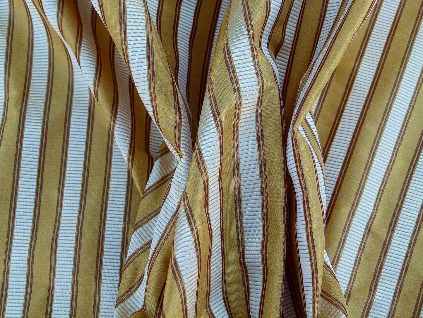 Scalamandre Shirred Stripe Antique Gold, Brick &amp; Cream Silk Tafetta Stripe Fabric Yellow White Brown  MSRP USD 363/y