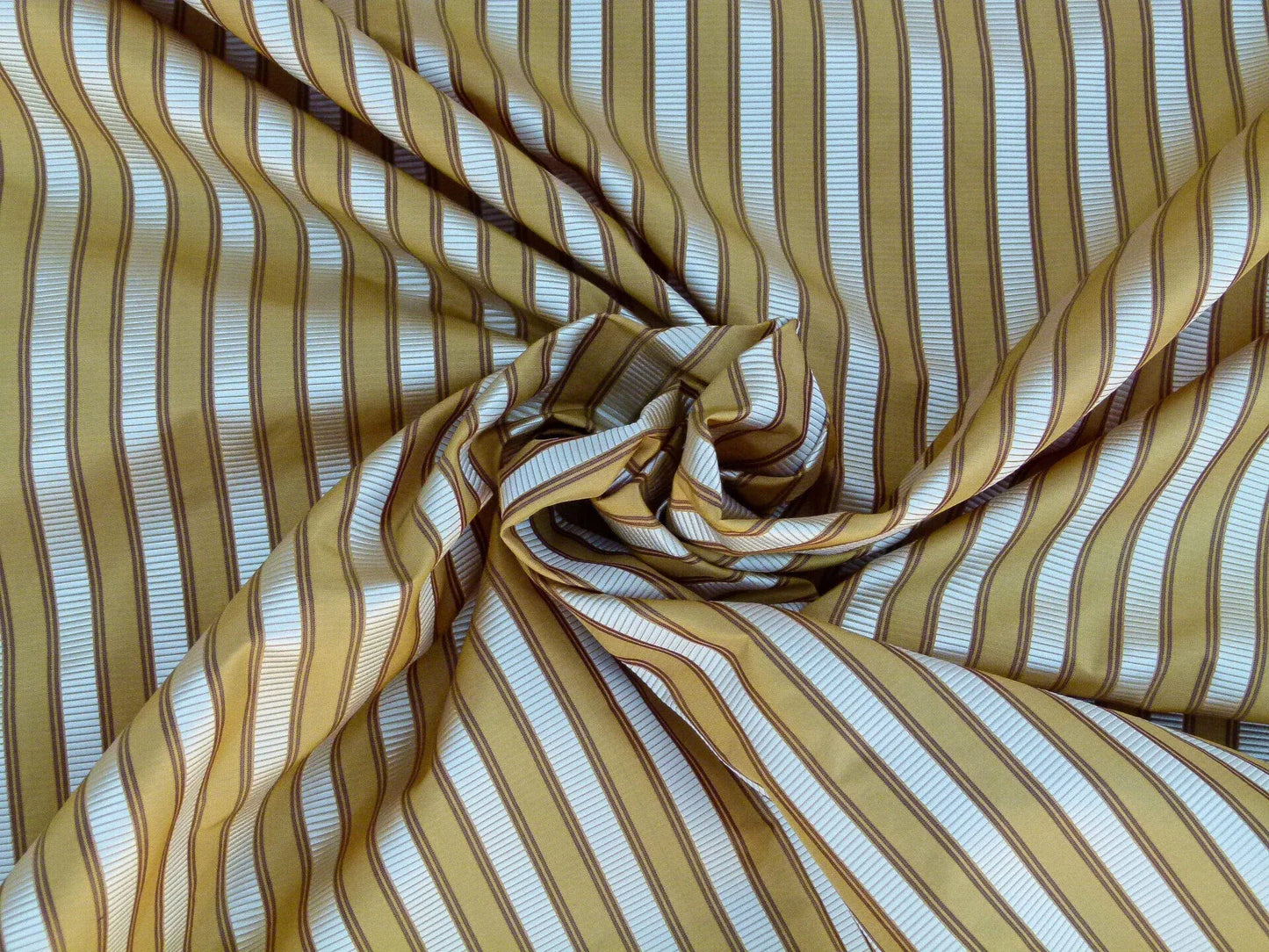 Scalamandre Shirred Stripe Antique Gold, Brick &amp; Cream Silk Tafetta Stripe Fabric Yellow White Brown  MSRP USD 363/y
