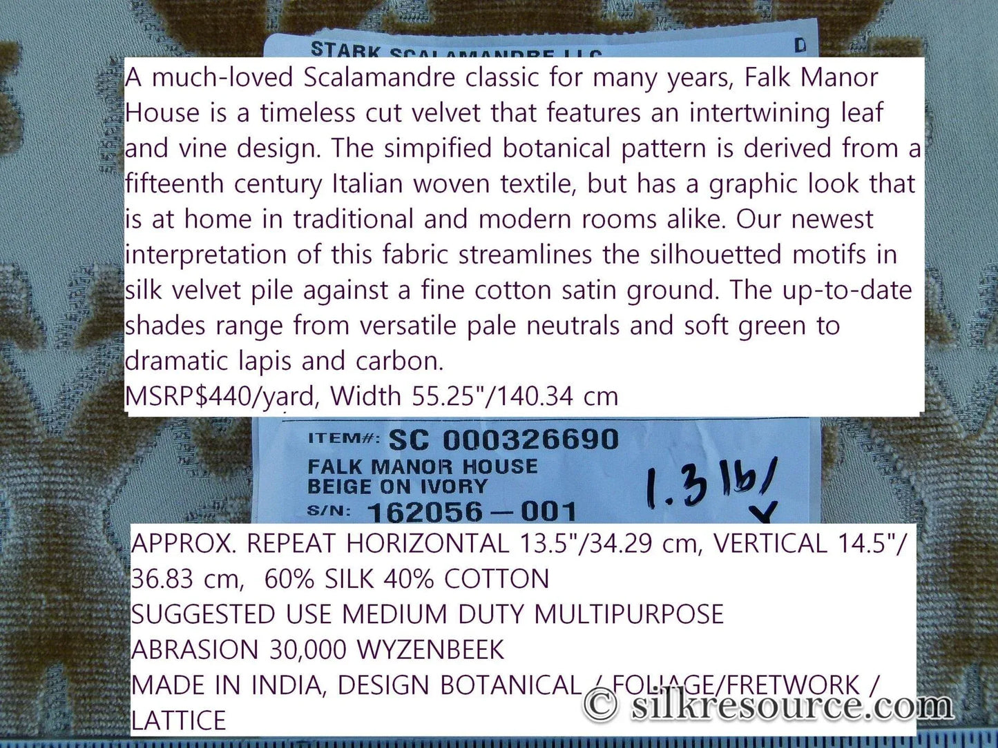 Scalamandre Falk Manor House Beige On Ivory Timeless Silk Cut Velvet Botanical Pattern MSRP USD 498/y