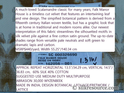 Scalamandre Falk Manor House Beige On Ivory Timeless Silk Cut Velvet Botanical Pattern MSRP USD 498/y