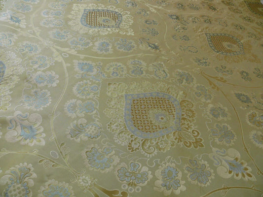 By Yd 100%silk Lampas Renaissance Medallion of Flora Moonscape Cream White Silver Icy Blue