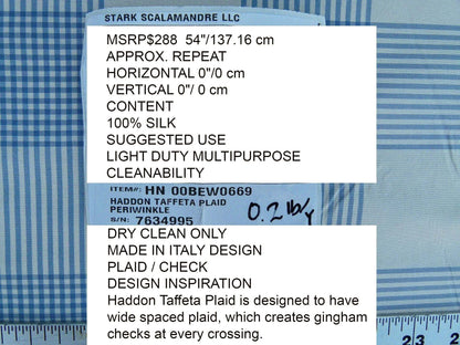 Scalamandre Haddon Taffeta Plaid Periwinkle Plaid 100% Silk Fabric Stripe Blue White MSRP USD 288/y