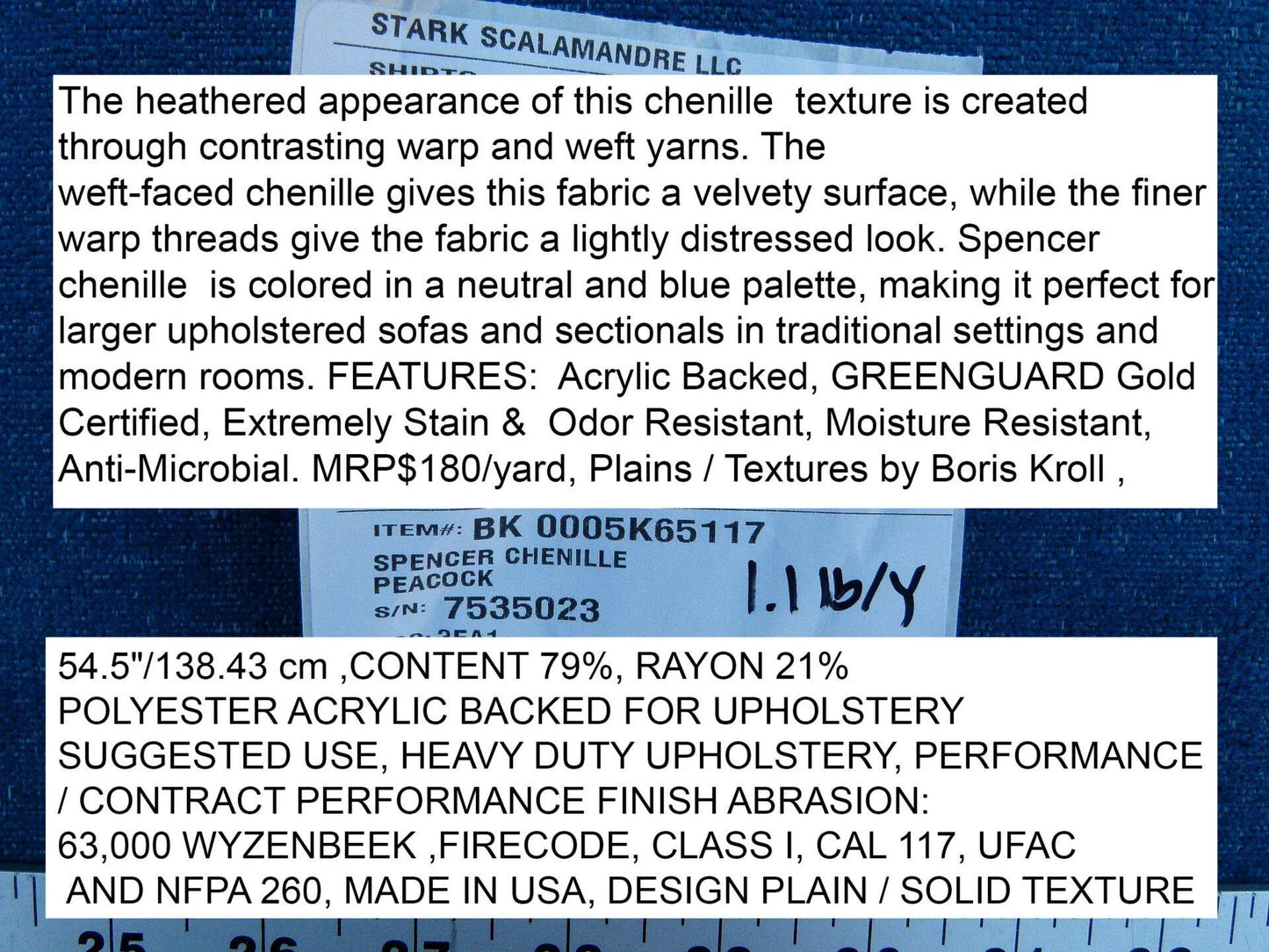 Scalamandre Spencer Chenille Peacock Solid Texture Blue MSRP USD 180/y