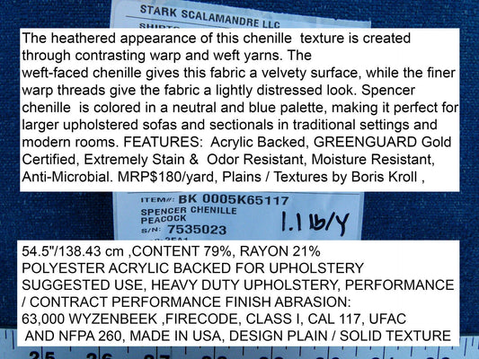 Scalamandre Spencer Chenille Peacock Solid Texture Blue MSRP USD 180/y
