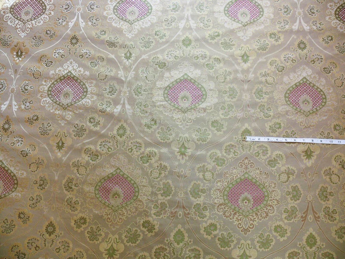 By Yd 100%silk Lampas Renaissance Medallion of Flora  Ambrosia Green Pink Tan