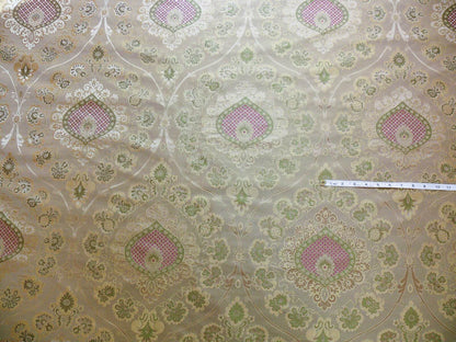 By Yd 100%silk Lampas Renaissance Medallion of Flora  Ambrosia Green Pink Tan