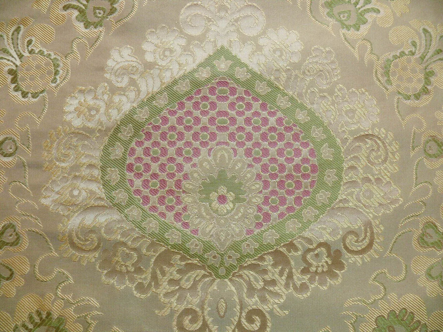 By Yd 100%silk Lampas Renaissance Medallion of Flora  Ambrosia Green Pink Tan