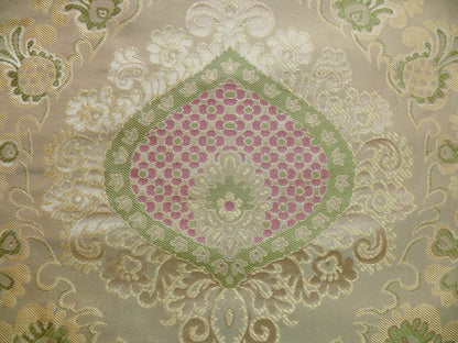 By Yd 100%silk Lampas Renaissance Medallion of Flora  Ambrosia Green Pink Tan