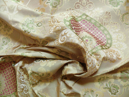 By Yd 100%silk Lampas Renaissance Medallion of Flora  Ambrosia Green Pink Tan