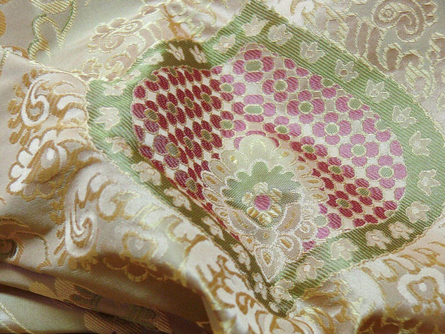 By Yd 100%silk Lampas Renaissance Medallion of Flora  Ambrosia Green Pink Tan