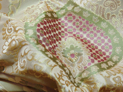 By Yd 100%silk Lampas Renaissance Medallion of Flora  Ambrosia Green Pink Tan