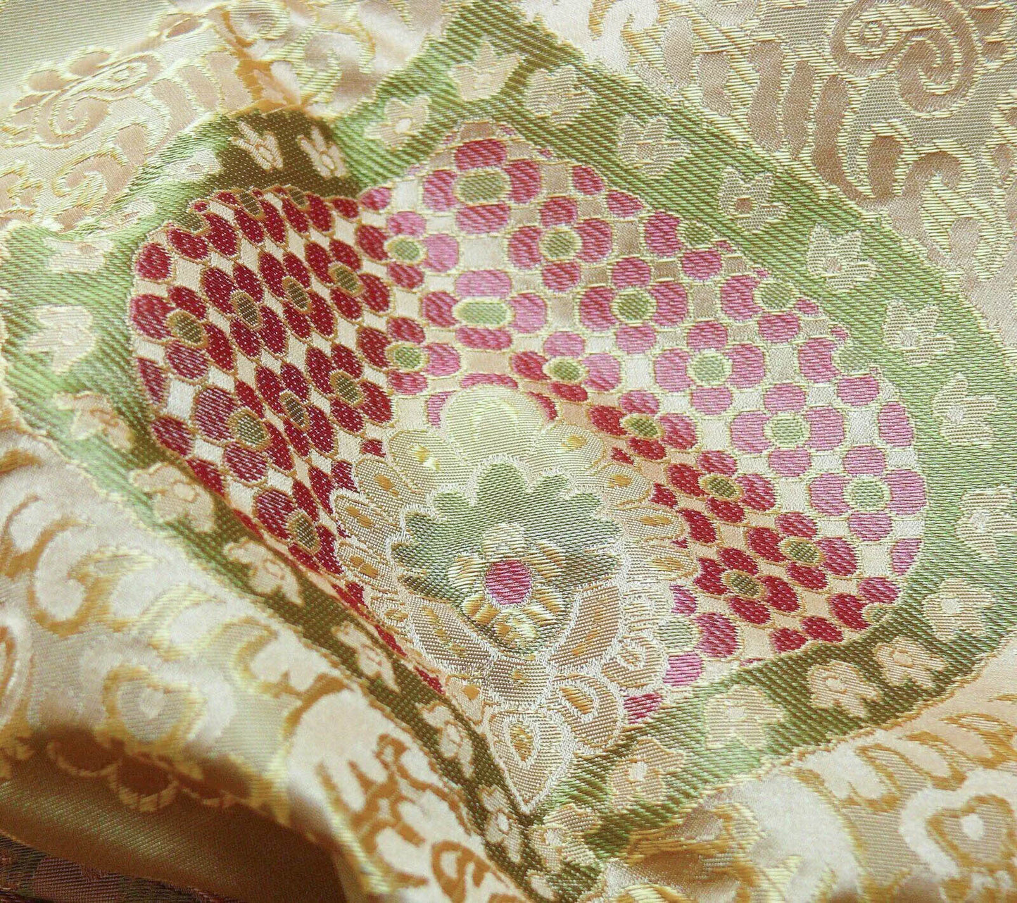 By Yd 100%silk Lampas Renaissance Medallion of Flora  Ambrosia Green Pink Tan