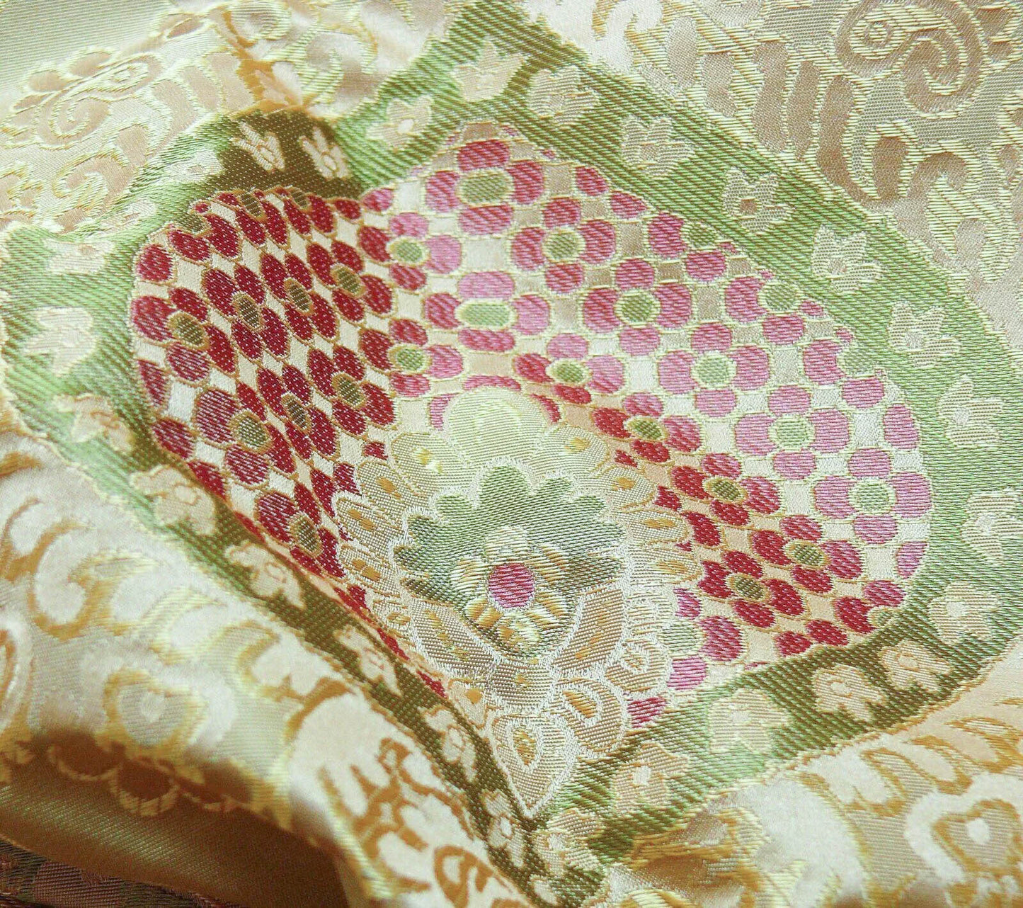 By Yd 100%silk Lampas Renaissance Medallion of Flora  Ambrosia Green Pink Tan
