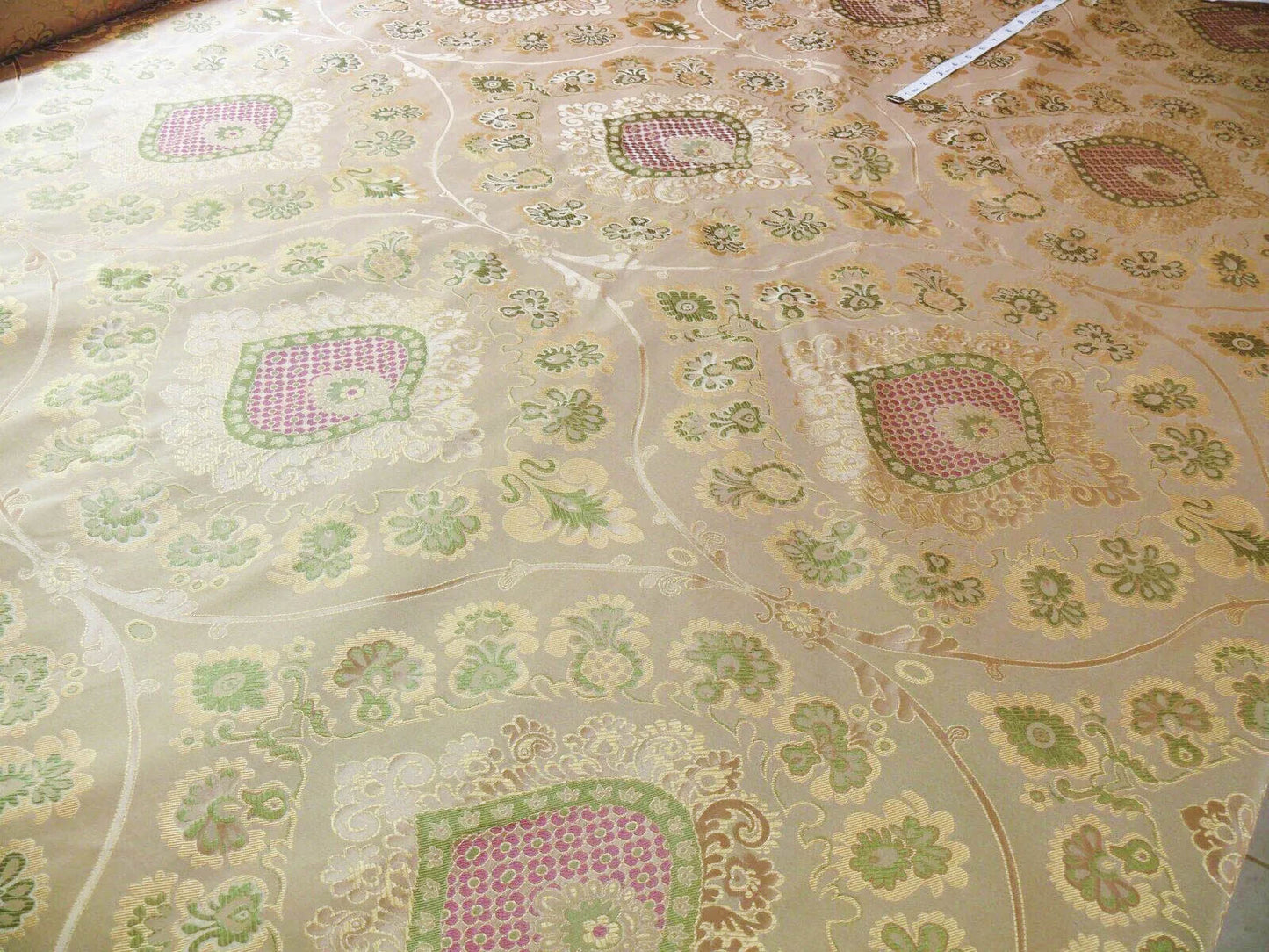 By Yd 100%silk Lampas Renaissance Medallion of Flora  Ambrosia Green Pink Tan