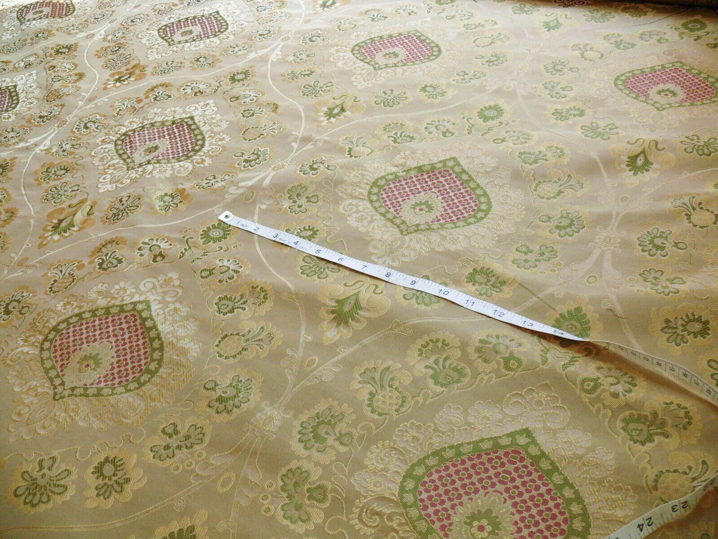 By Yd 100%silk Lampas Renaissance Medallion of Flora  Ambrosia Green Pink Tan