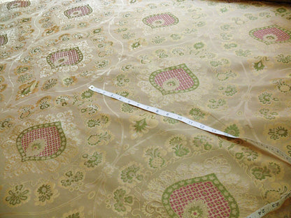 By Yd 100%silk Lampas Renaissance Medallion of Flora  Ambrosia Green Pink Tan