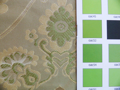 By Yd 100%silk Lampas Renaissance Medallion of Flora  Ambrosia Green Pink Tan