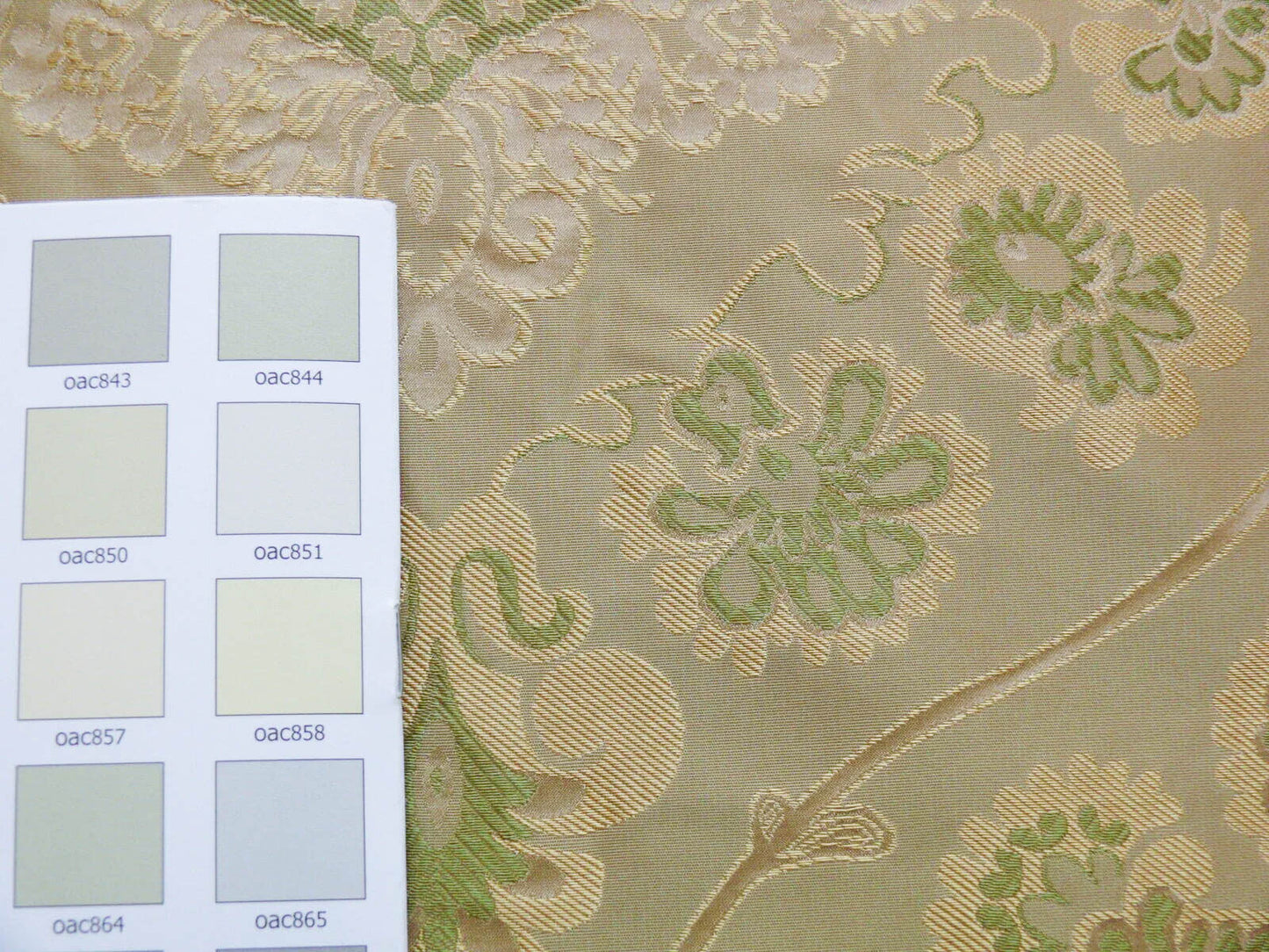 By Yd 100%silk Lampas Renaissance Medallion of Flora  Ambrosia Green Pink Tan