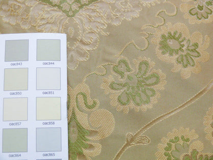 By Yd 100%silk Lampas Renaissance Medallion of Flora  Ambrosia Green Pink Tan