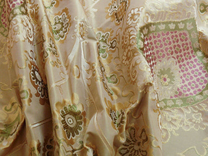 By Yd 100%silk Lampas Renaissance Medallion of Flora  Ambrosia Green Pink Tan