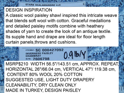 Scalamandre Inverness Paisley Chambray Jacquard  Soft Wool Paisley Cotton Blue White MSRP USD 210