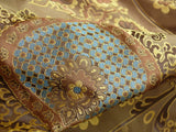 By Yd 100%silk Lampas Renaissance Medallion of Flora Java Deep Brown Brilliant Blue